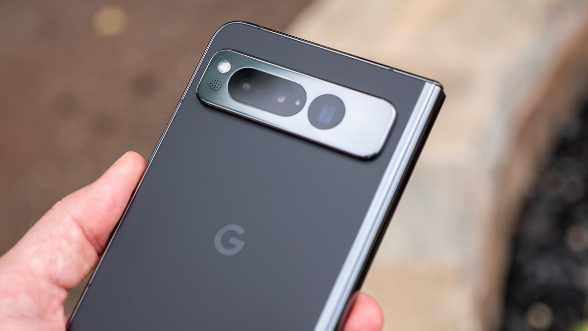 The camera bar on the back of the Obsidian Google Pixel Fold
