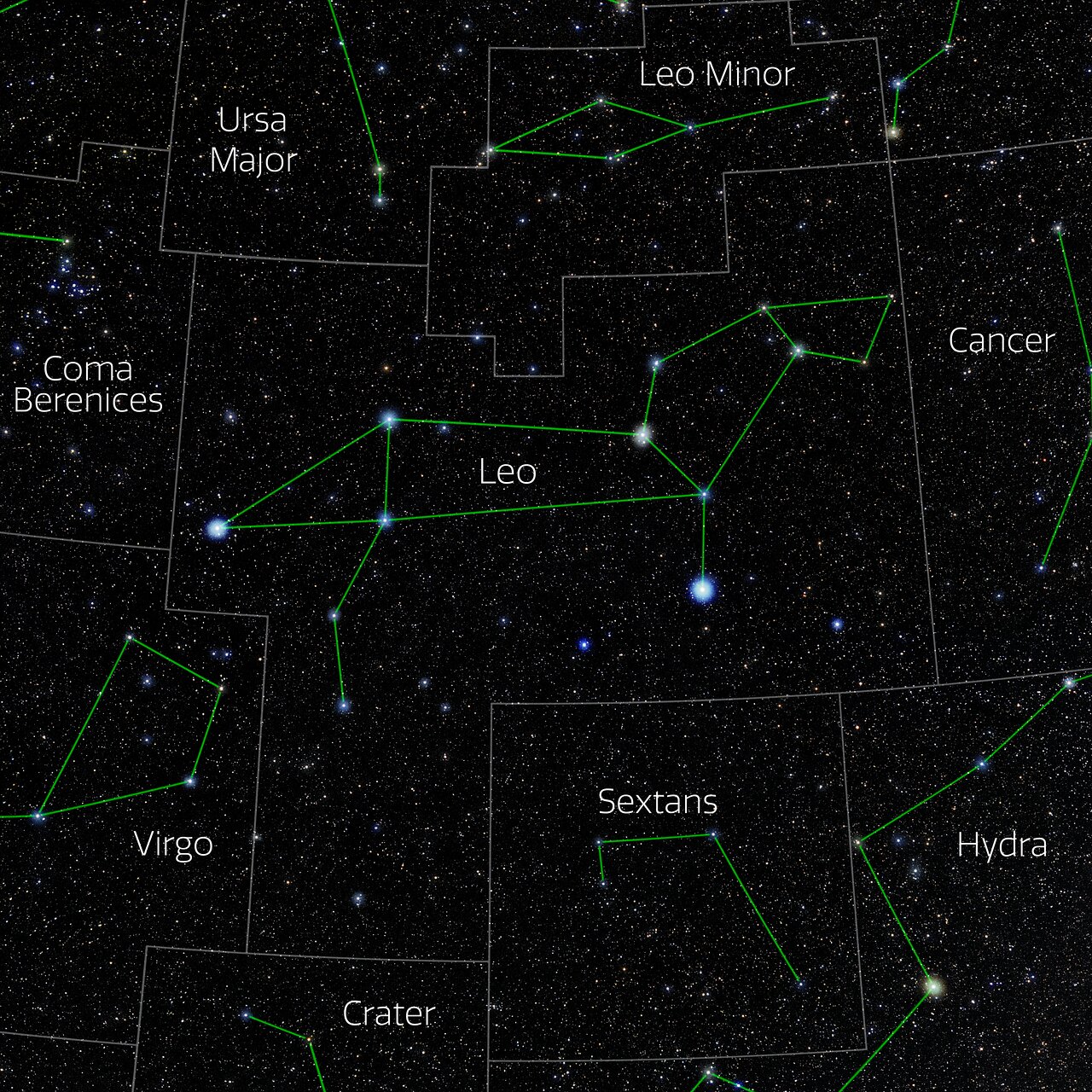 gráfico do céu noturno mostrando a constelação de Leo no centro.