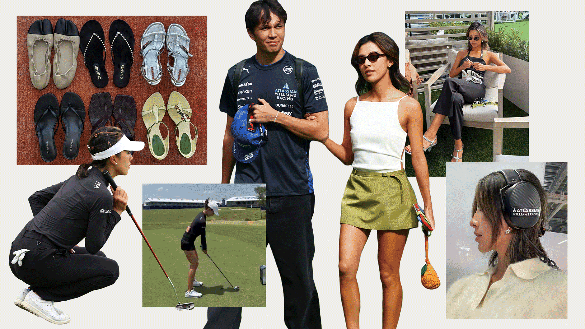 A collage of Lily Muni He with F1 driver Alex Albon, in the F1 paddock, and at golf tournaments. 