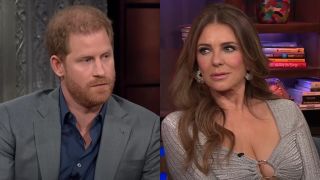 From left to right: Prince Harry on The Late Show with Stephen Colbert and Elizabeth Hurley on Watch What Happens Live.