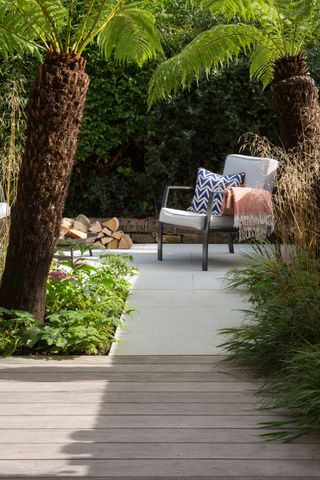 modern garden space with paving and decking and large tree ferns