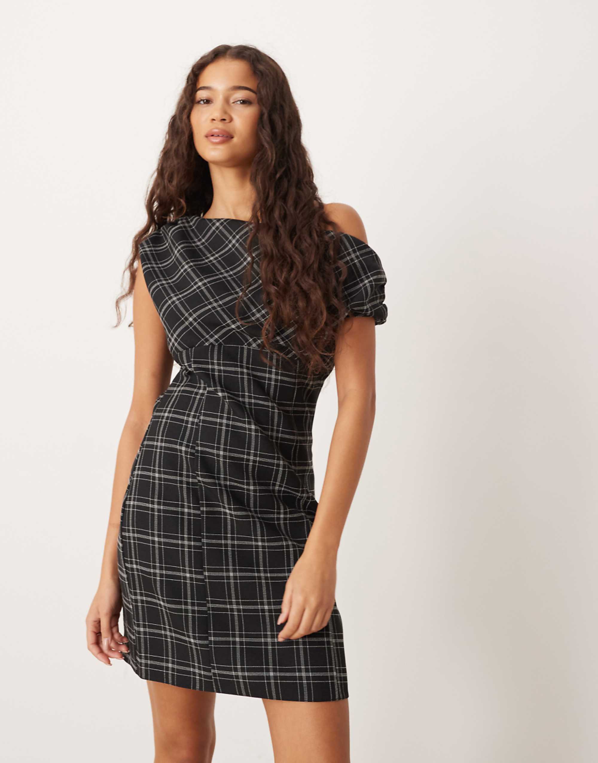 Asos Design Fallen Shoulder Mini Dress in Black and White Plaid