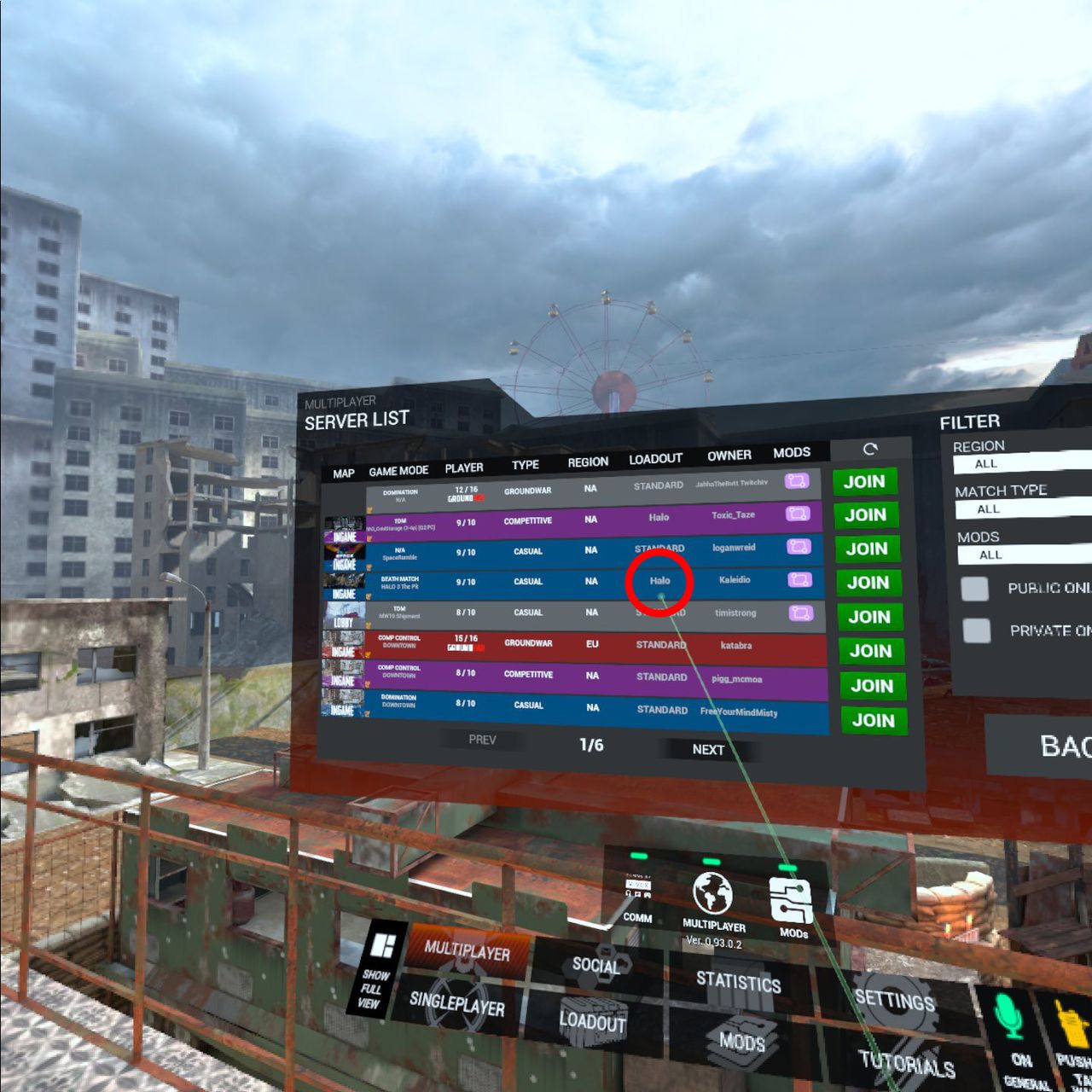 Browsing Halo servers on Contractors for Meta Quest 2