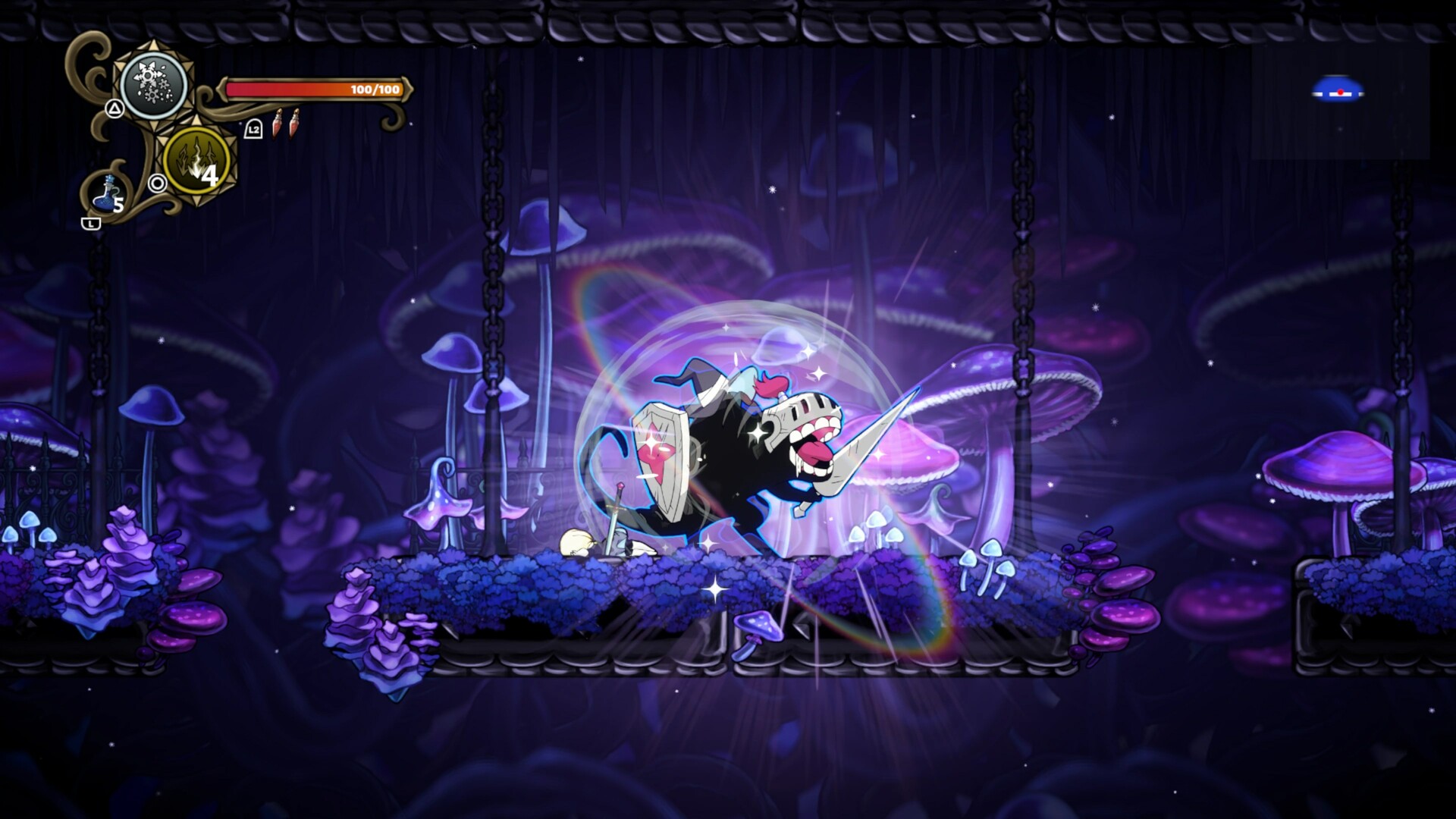Never Grave: The Witch and The Curse screenshot showing the cursed hat possess an armored enemy, making it adopt the appearance of a knight with a shield and a polearm