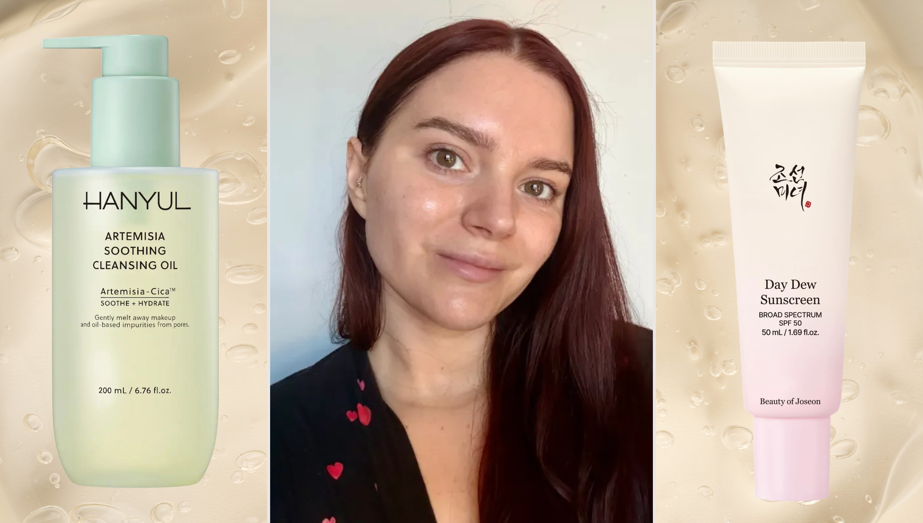 Collage of brooke knappenberger selfie with swatches of sunscreen and cleansing oil on a skincare background