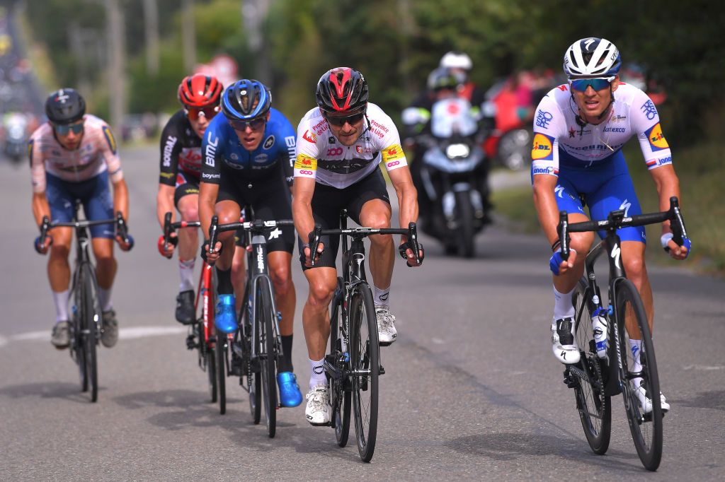 EREZEE BELGIUM AUGUST 19 Dylan Sunderland of Australia and NTT Pro Cycling Team Michal Golas of Poland and Team INEOS White Mountain Jersey Zdenek Stybar of Czech Republic and Team Deceuninck QuickStep Breakaway during the 41st Tour de Wallonie 2020 Stage 4 a 1994km stage from Blegny to Ereze 334m TourdeWallonie TRW2020 on August 19 2020 in Erezee Belgium Photo by Luc ClaessenGetty Images
