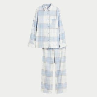 flat lay of h&m light blue and cream check flannel pajamas