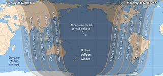 This visibility map shows the parts of the world that can see the total lunar eclipse of Oct. 8, 2014.