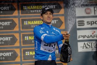 Michal Kwiatkowski celebrates his overall victory at Tirreno-Adriatico