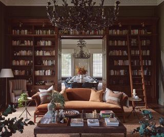 Brown living room with bookshelves