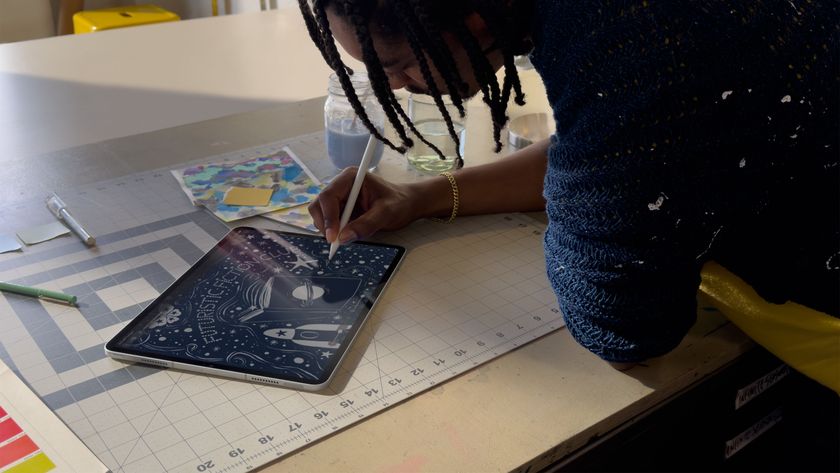 An artist works on the Pixelmator Pro app with an Apple Pencil on the iPad