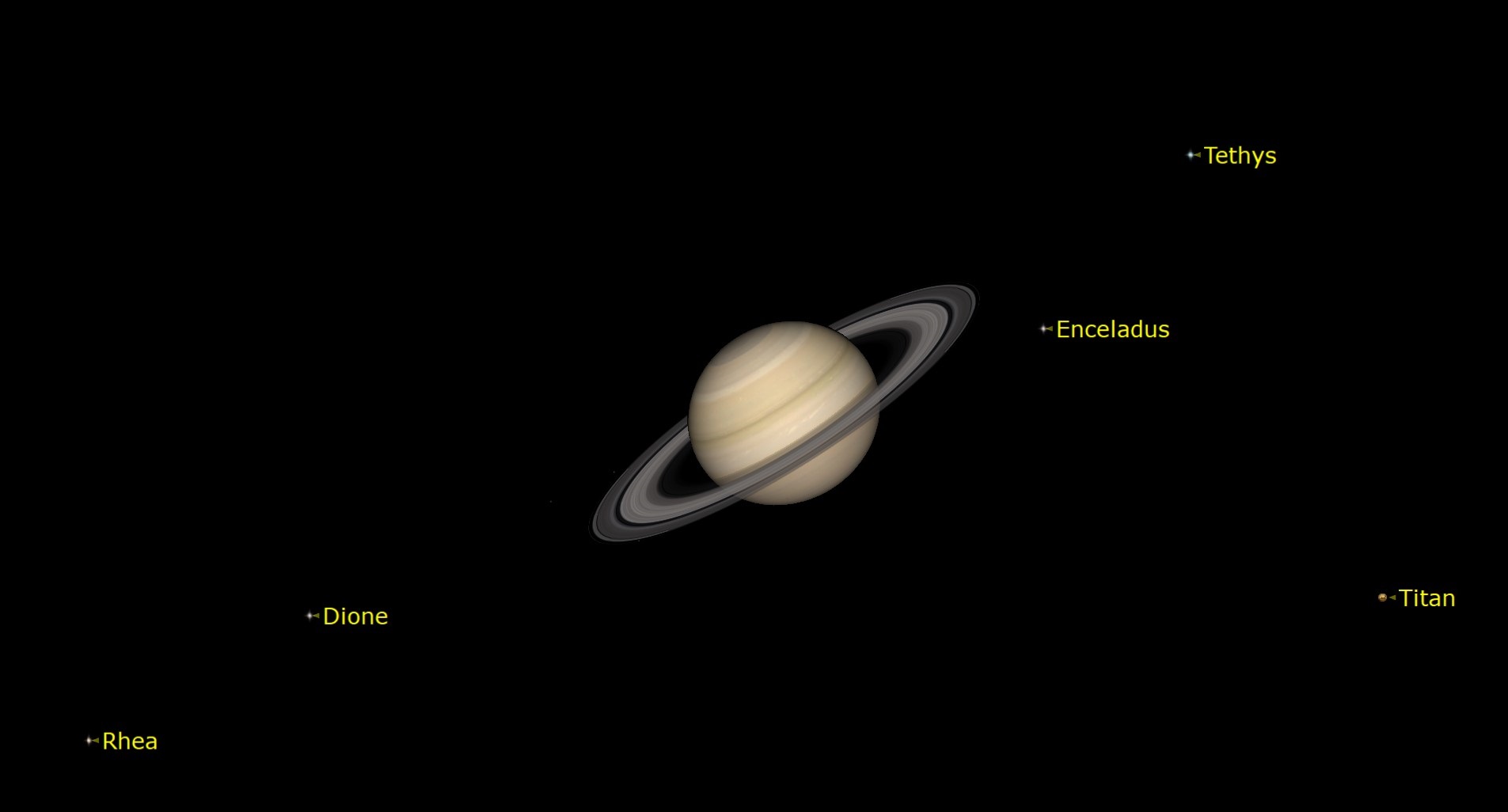 Starry Night Software graphic showing Saturn in the center of the screen and some of its moons are labeled alongside the ringed planet.