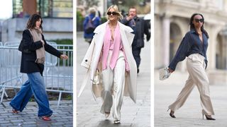 Street style influencers showing shoes to wear with wide leg trousers stilettos