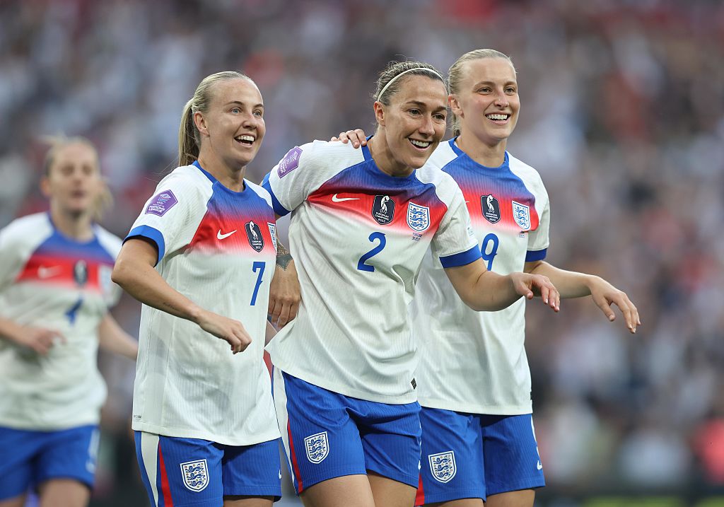 Lucy Bronze of England Women goal celebration with Beth Mead & Aggie Beever-Jones of England Women after scoring to put England Women and the 2-0 ahead during the UEFA Women's Nations League 2024/25 Group A3 match between England and Portugal at Wembley Stadium on May 30, 2025 in London, England.
