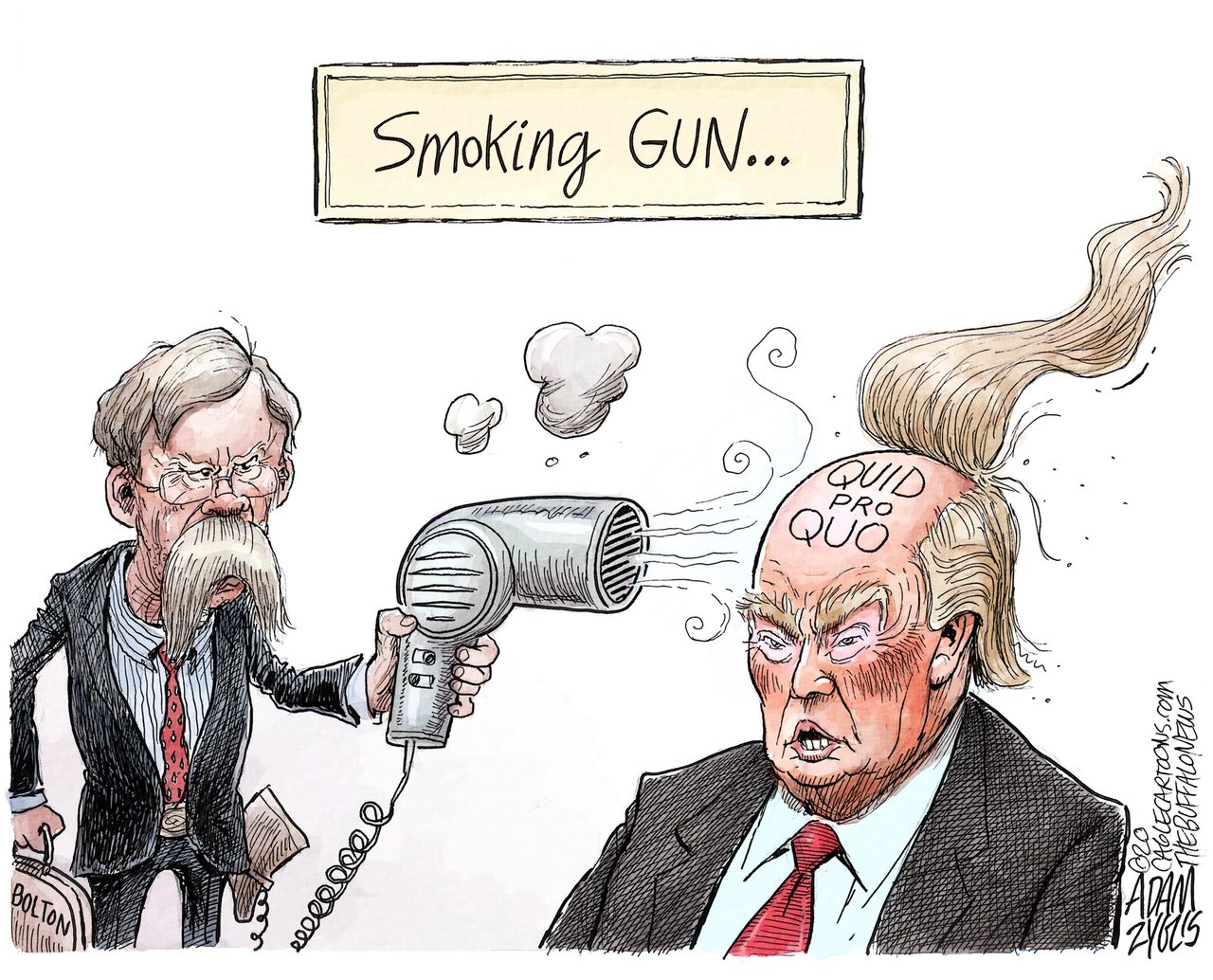 Political Cartoon U.S. toupee Trump Bolton smoking gun