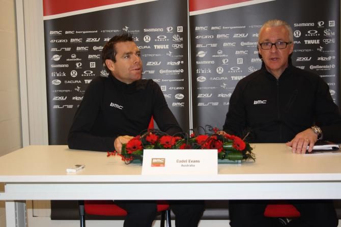 Cadel Evans (BMC) speaks at the team presentation in Nazareth