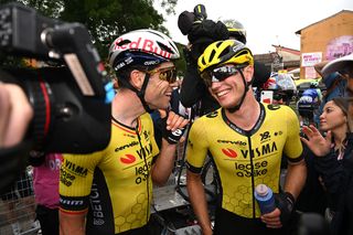 VIADANA ITALY MAY 22 Stage winner Olav Kooij of Netherlands and Team Visma Lease a Bike R and Wout Van Aert of Belgium L celebrate the victory after the 108th Giro dItalia 2025 Stage 12 a 172km stage from Modena to Viadana OglioPo UCIWT on May 22 2025 in Viadana Italy Photo by Dario BelingheriGetty Images
