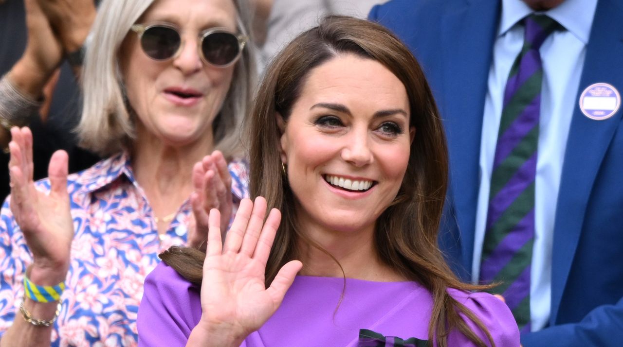 Catherine Princess of Wales court-side of Centre Court during the men&#039;s final on day fourteen of the Wimbledon Tennis Championships at the All England Lawn Tennis and Croquet Club on July 14, 2024 in London, England. 