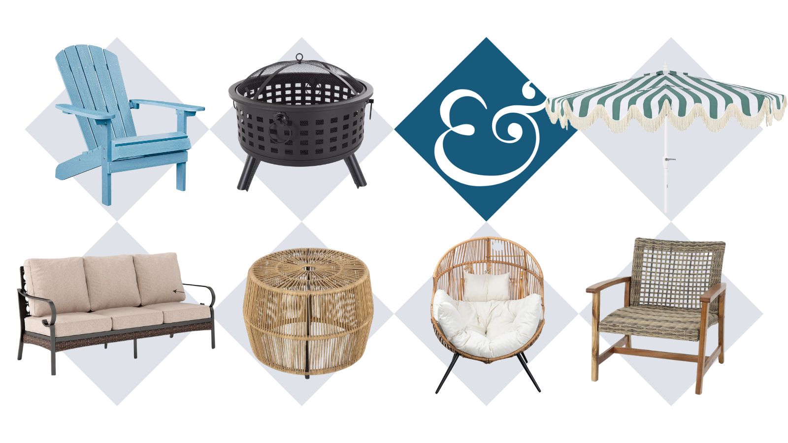 collage of amazon outdoor furniture including a green and white striped umbrella, wicker egg chair, wrought iron sofa, blue Adirondack chair and a metal firepit