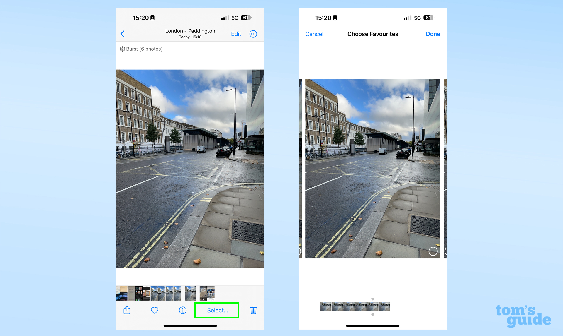Two screenshots showing a set of burst photos in the iPhone Photos app