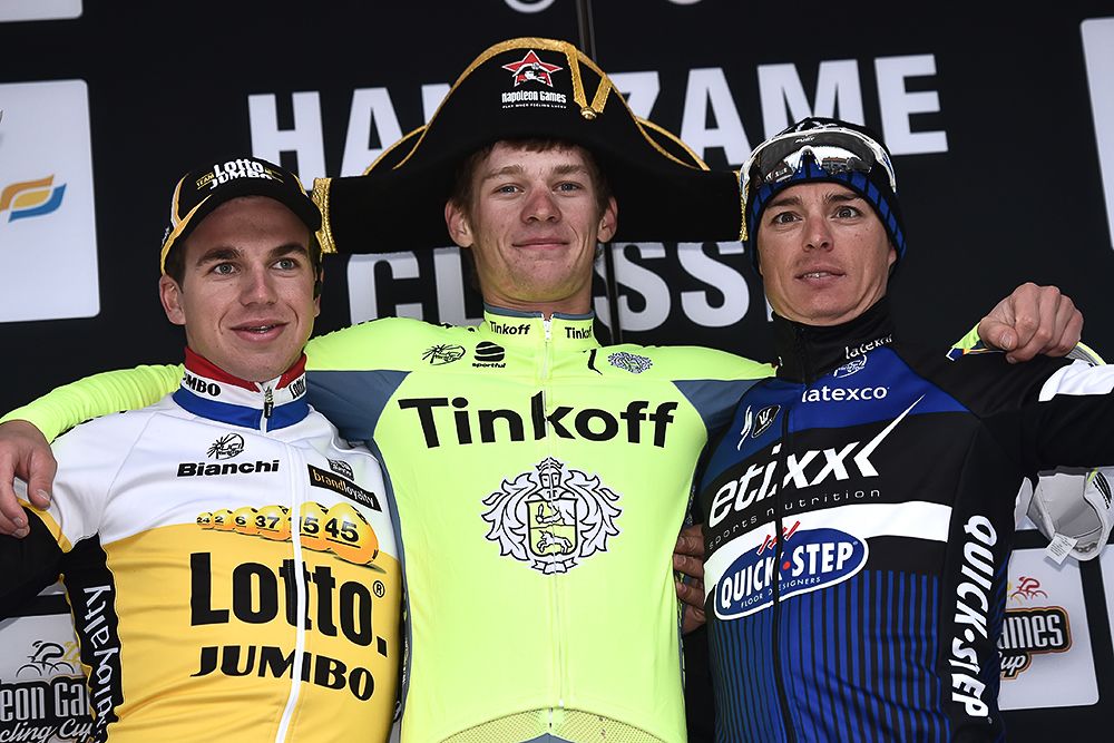 Dylan Groenewegen, Erik Baska and Gianni Meersman on the Handzame Classic podium