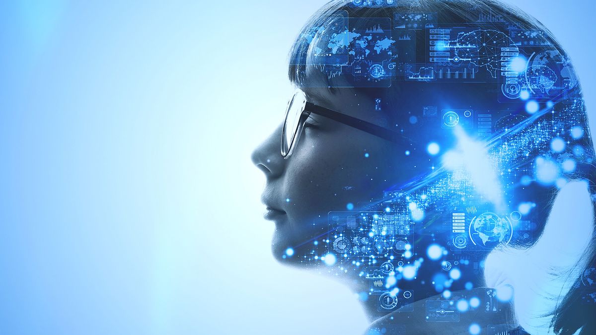 A photo of a woman&amp;#039;s face in profile in blue with an overlay of digital connectivity concepts