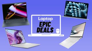 HP Spectre x360, Dell XPS 16, M4 MacBook Air, Asus Zenbook S16 OLED against blue gradient background with epic deals laptop badge.
