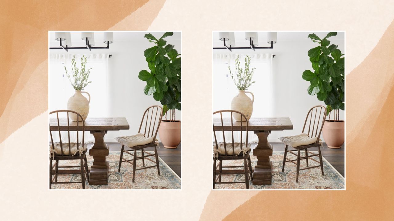 Two pictures of a shabby chic room with a table, chair, and a rug, on a brown background