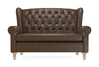 Sherlock Buttoned Petite Leather Sofa with chunky scroll arms and buttoned back in Columbia Dark Brown