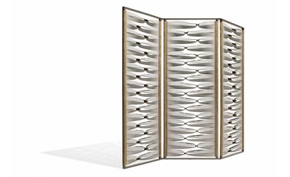 Room divider by Roberto Lazzeroni for Giorgetti made of twisted leather bands in grey and brown