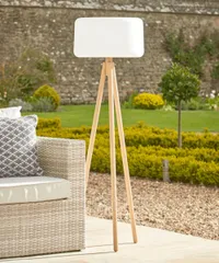 A solar-powered outdoor floor lamp with a wooden tripod base