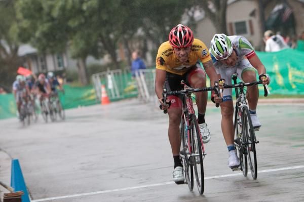 Luis Amaran (Jamis-Sutter Home) takes a rainy mid-race time bonus to help him stay in the overall lead.