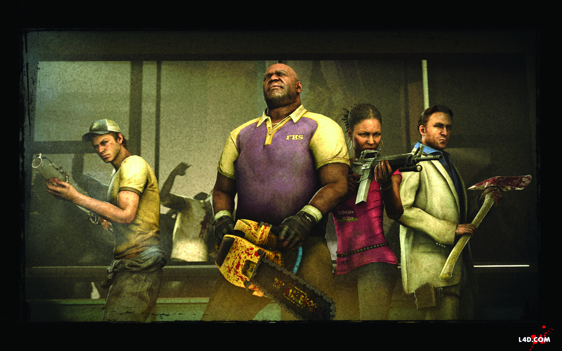 Best co-op games - Left 4 Dead 2 - Four players stand together holding chainsaws, axes, and a gun