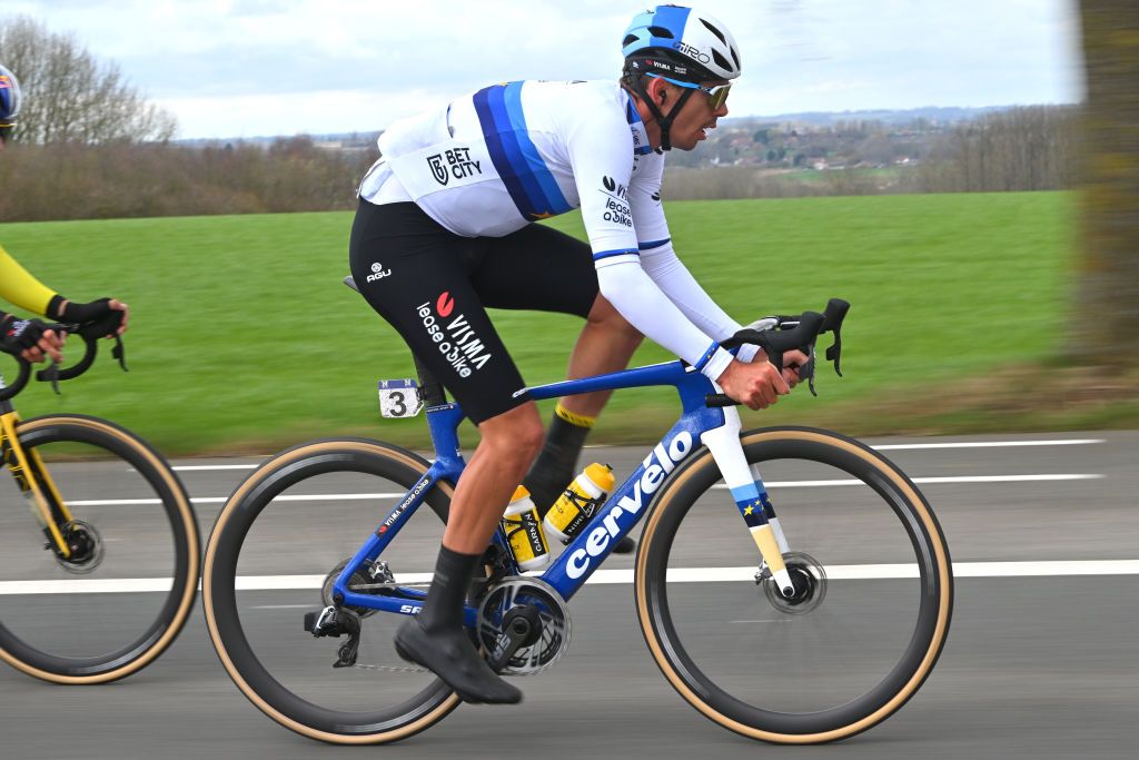 NINOVE BELGIUM FEBRUARY 24 Christophe Laporte of France and Team Visma Lease A Bike competes in the breakaway during the 79th Omloop Het Nieuwsblad 2024 Mens Elite a 2022km one day race from Ghent to Ninove UCIWT on February 24 2024 in Ninove Belgium Photo by Luc ClaessenGetty Images
