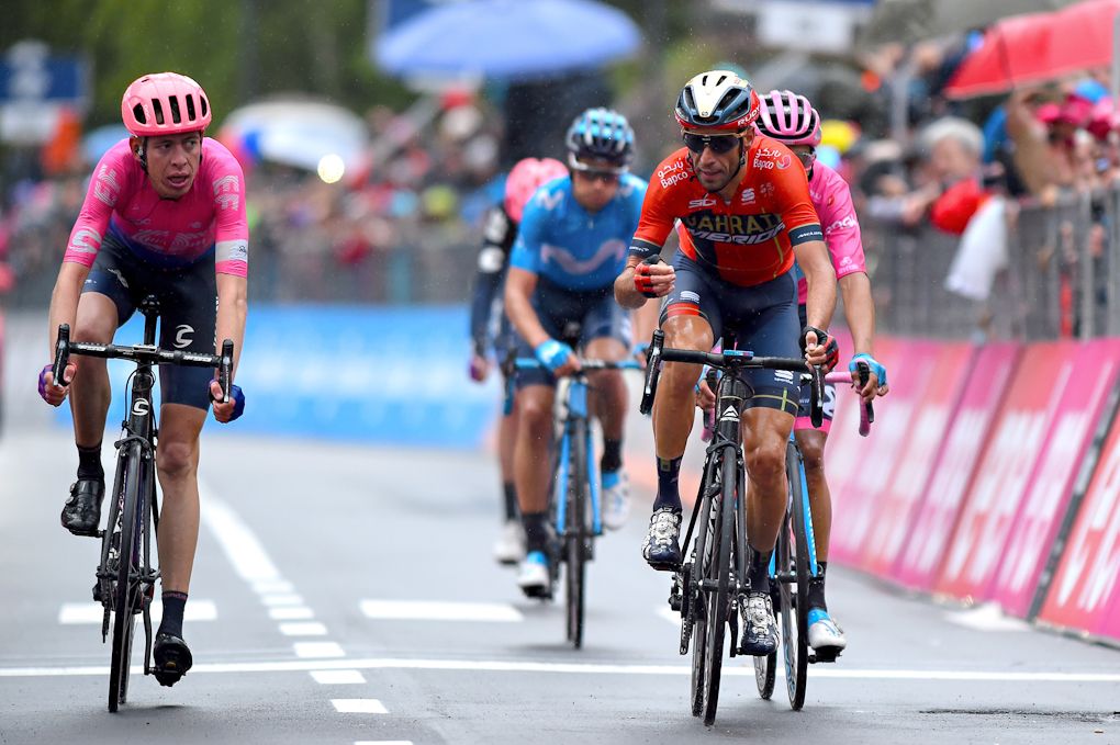 Vincenzo Nibali has words for Hugh Carthy at the end of stage 16 at the Giro