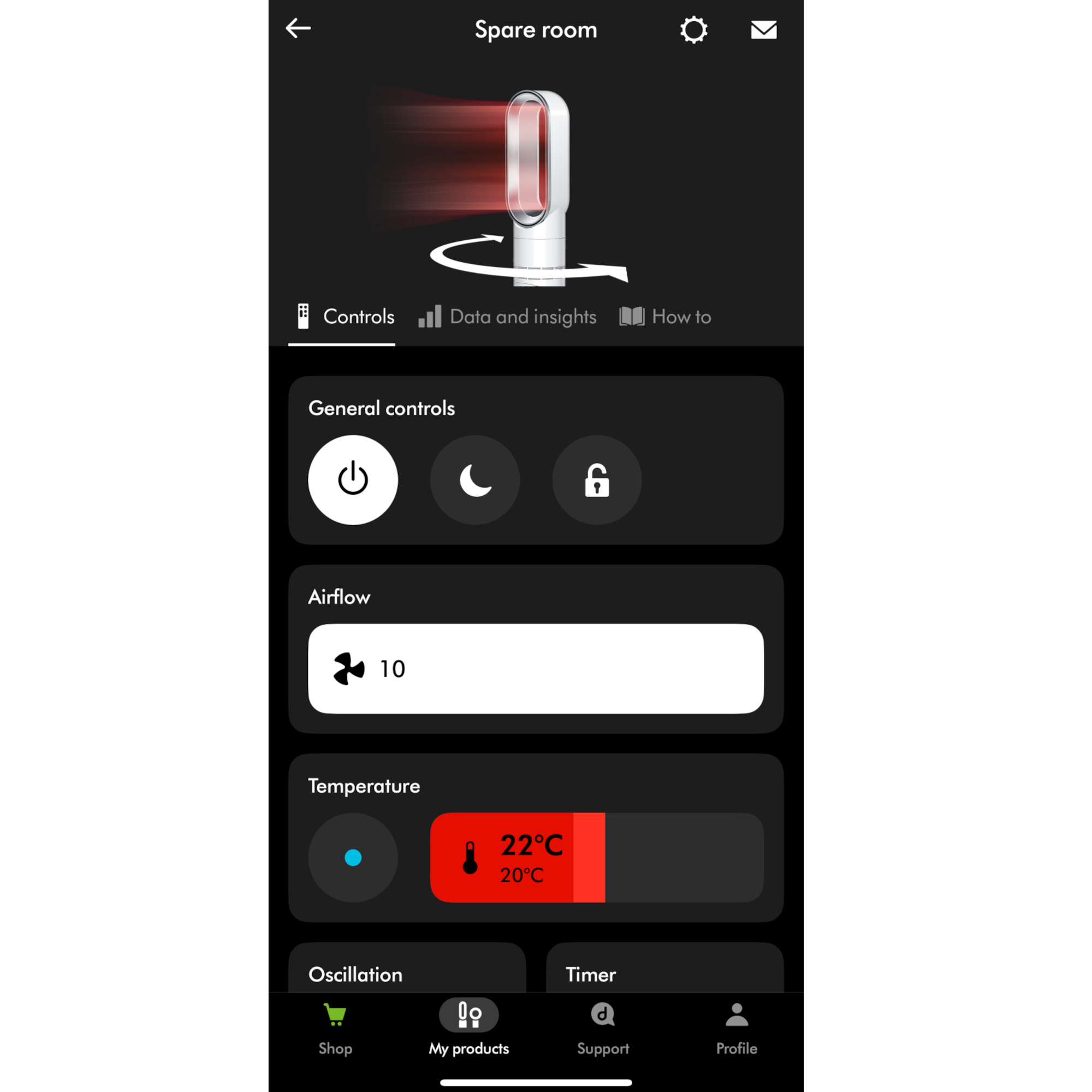 dyson hot+cool pre heat heater and cooling fan app display settings with image