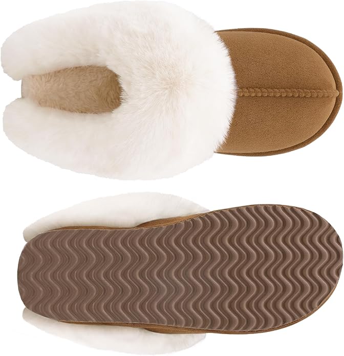 Litfun, Litfun Fuzzy House Slippers for Women Fluffy Memory Foam Suede Slippers With Faux Fur Collar Indoor Outdoor, Brown, Size 7.5-8