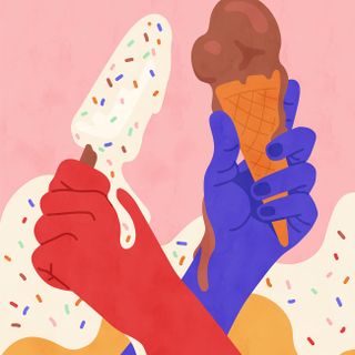 Colourful illustration of two hands holding melting ice creams
