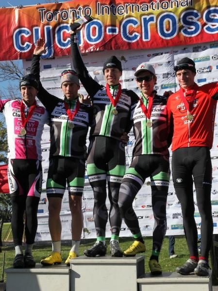 Elite Men's Podium (L-R: Derrick St. John (Garneau-Club Chaussures-Ogilvy) 4th, Tim Johnson (Cannondale/Cyclocrossworld.com) 2nd, Jeremy Powers (Cannondale/Cyclocrossworld.com) 1st, Jamey Driscoll (Cannondale/Cyclocrossworld.com) 3rd, Tristan Schouten (Planet Bike) 5th )