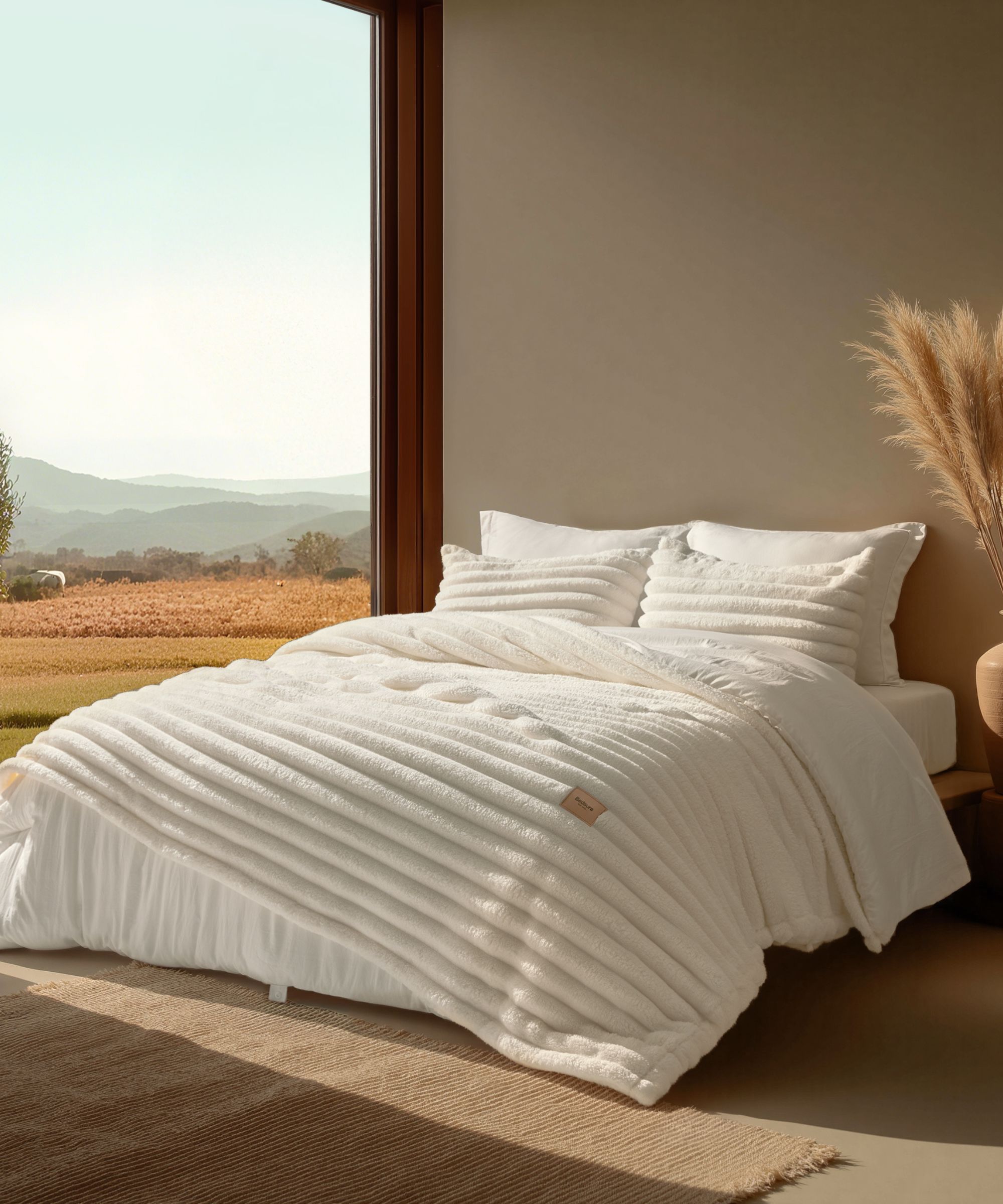 BedSure white 2-in-1 comforter on a low wooden bed in a minimalist neutral bedroom, with beige walls, a large brown rug, and dried pampas grass in a vase to the right. To the left is a huge window with a view out onto a dry, sunny landscape.