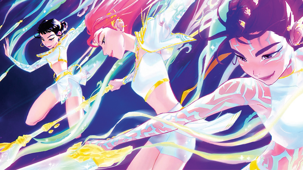 KPop Demon Hunters concept art showing three characters Rumi, Mira and Zoey