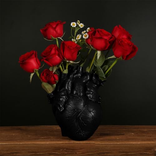 Human Heart Organ Shape Vase Creepy Halloween Home Desk Flowers Pot Decor, Medium Size 6.2" X 4.2", Black