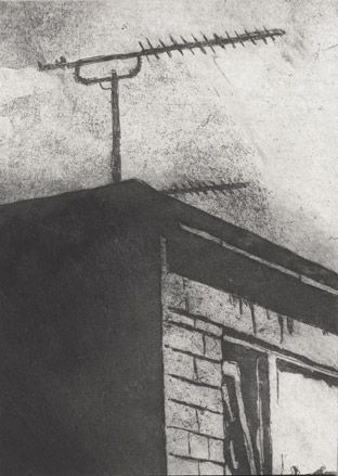 Black and white drawing of a building with an aerial coming out the roof