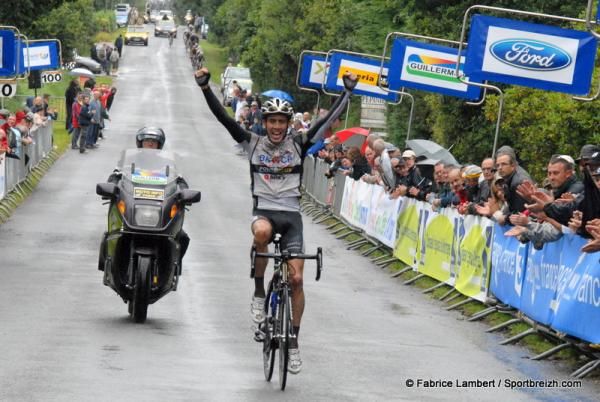 Philipp Walsleben celebrating his victory on stage three of the La Mi Aout Bretagne.