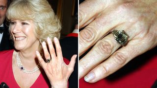 Queen Camilla showing off her engagement ring, plus a closeup of the ring