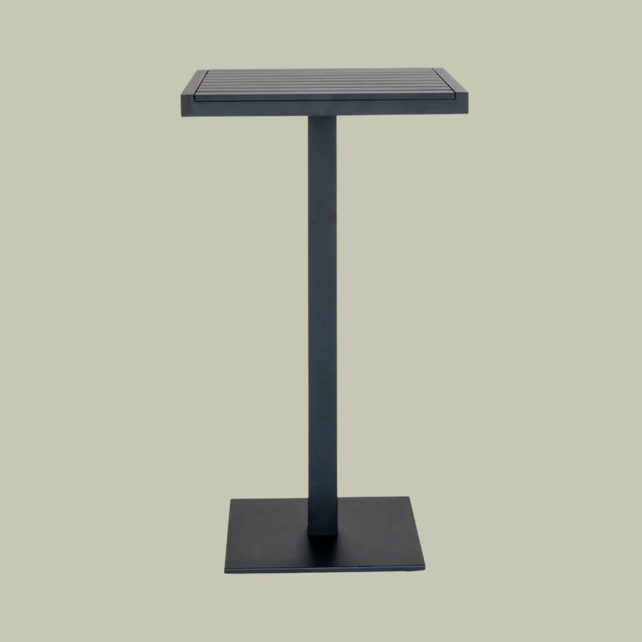 Case Furniture Eos Outdoor Square Bar Table in black against pale green background.