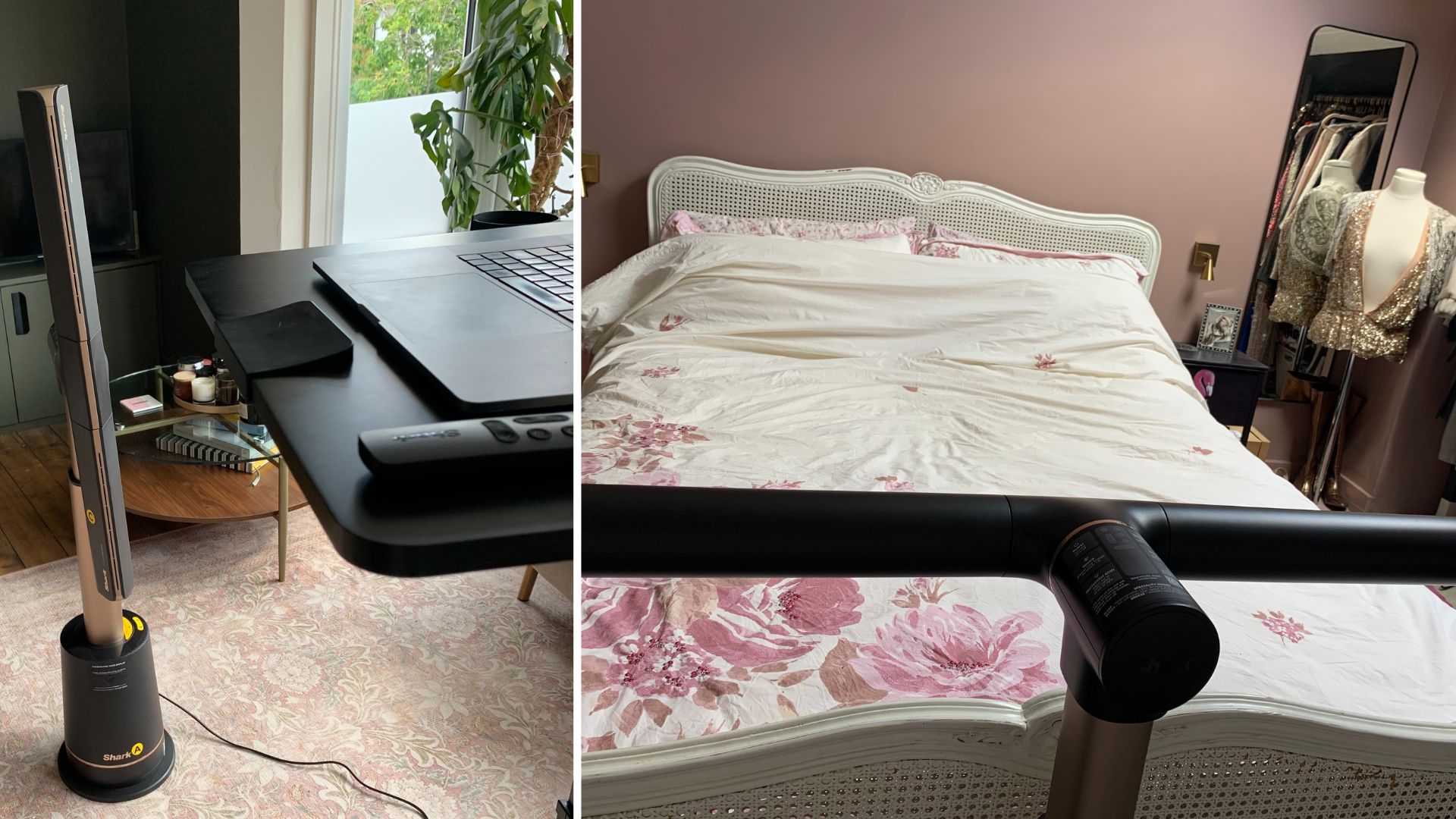 Shark TurboBlade fan being used upright next to a standing desk in a living room and horizontal at the foot of a bed in a pink bedroom