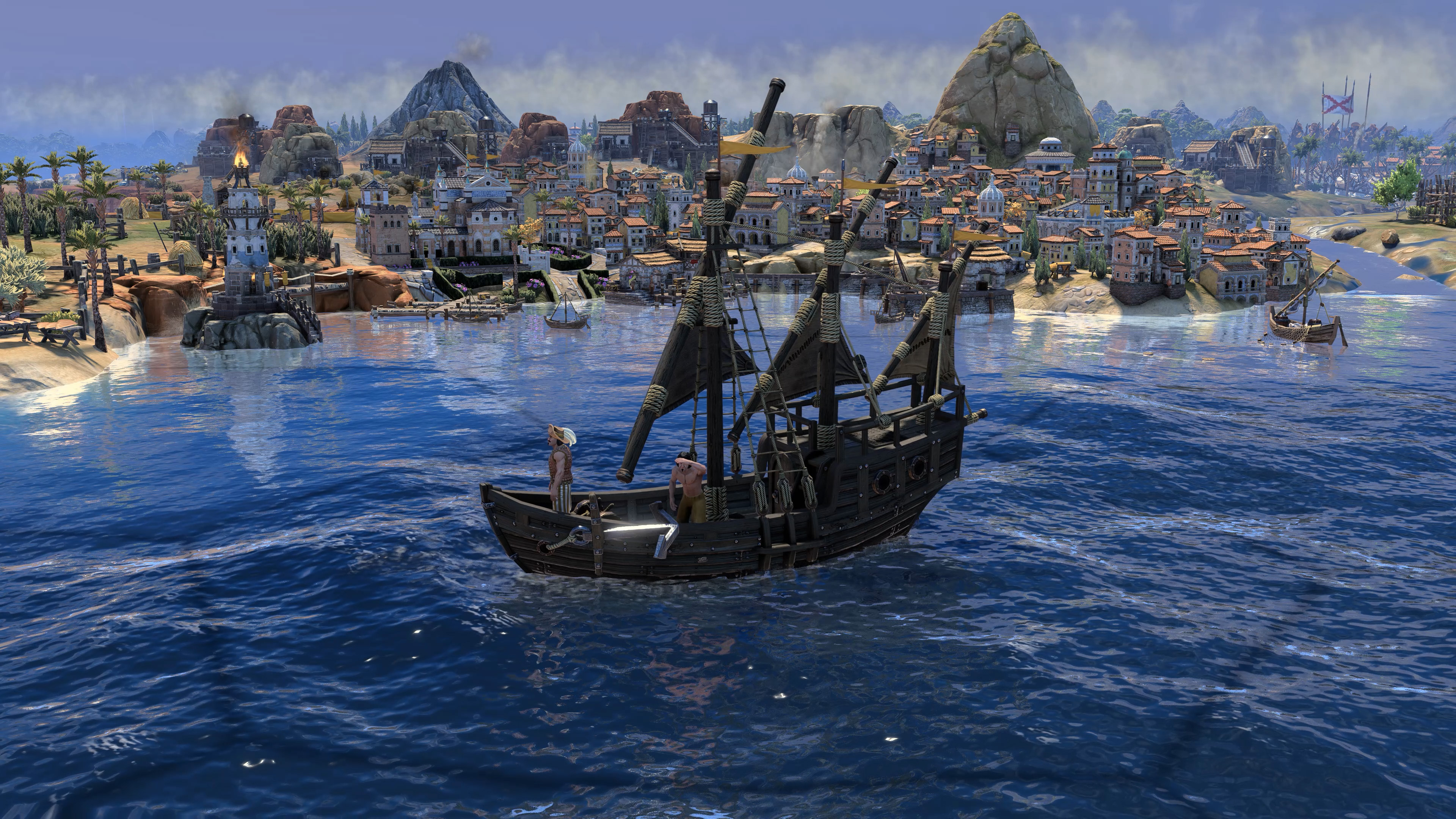 A privateer ship lurks in a harbour in Civilization 7
