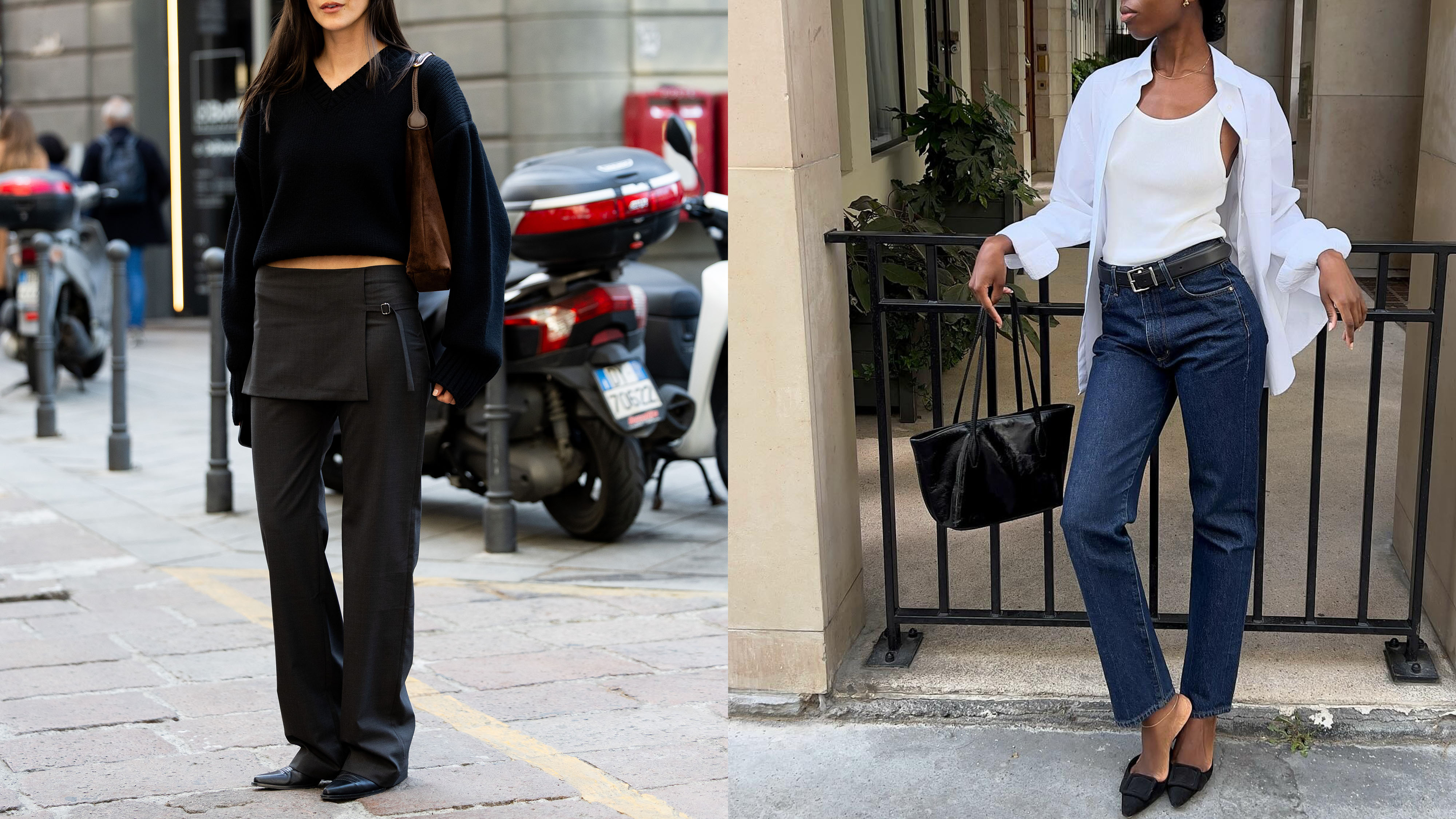 Woman in V-neck sweater and gray skirt pants; woman in white shirt and dark jeans.