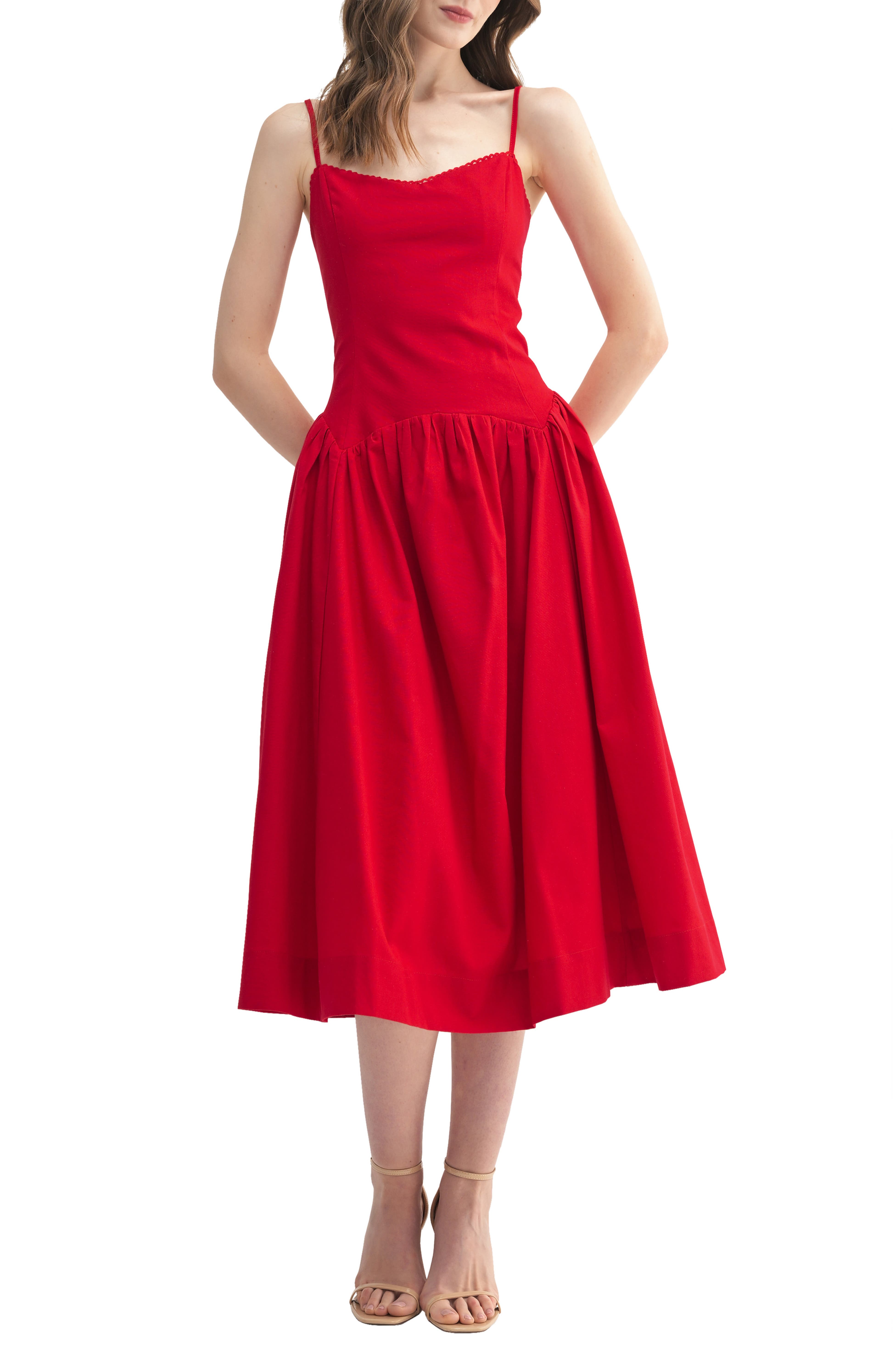 All in Favor, Drop Waist Cotton & Linen Midi Dress